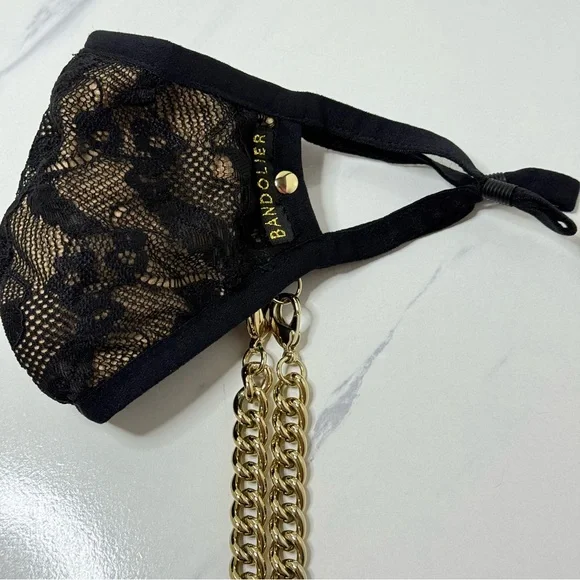 NWOT Bandolier Lace Sophie Face Mask Gold Chain Black Beige Adjustable Ear Loops - Picture 8 of 11